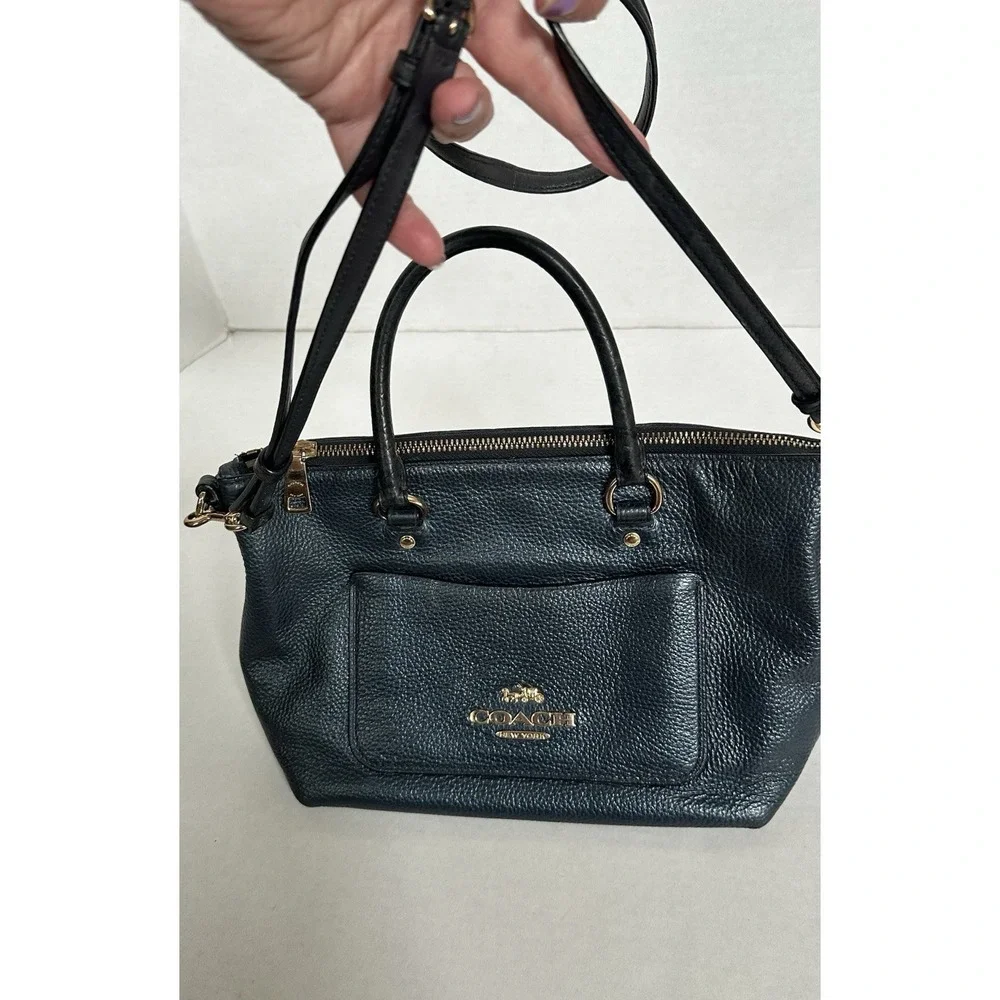 Coach Emma Satchel Pebbled Leather Gold Accents Navy Metallic
